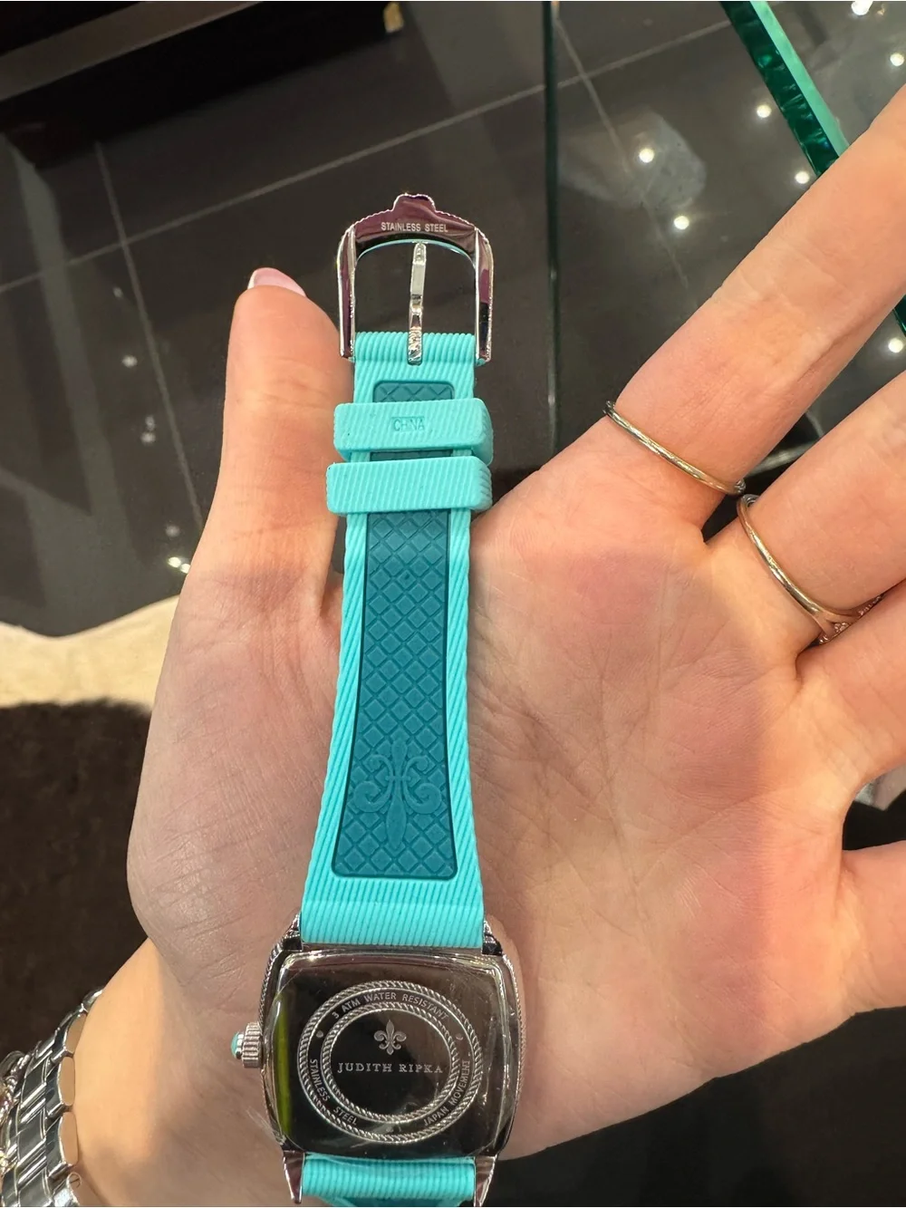 New Judith Ripka Stainless Steel Square Watch w:  Turquoise Silicone Strap